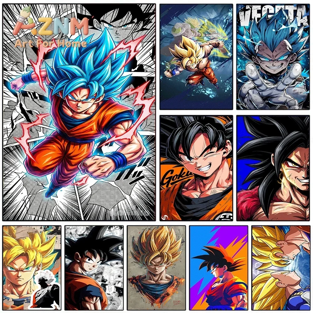 Póster de arte de pared de anime sin marco, cuadro en lienzo con collage de paneles de manga de Dragon Ball Z Super Saiyan Blue Goku Vegeta Broly para dormitorio