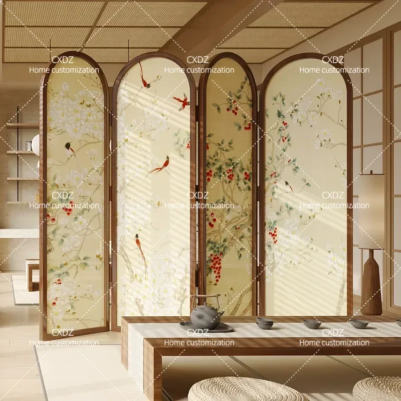 New Chinese Style Flower and Bird Folding Screen Solid Wood Tenon Mortise Structure Living Room Aisle Decorative Background