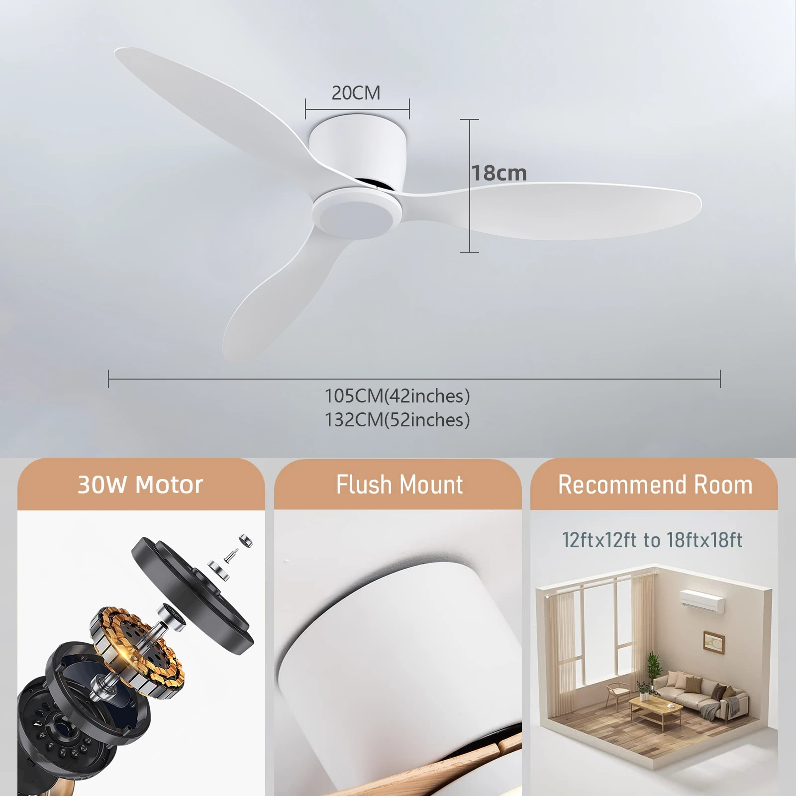 IRALAN Ventilatore da soffitto da 42 pollici/52 pollici senza luce, reversibile a 6 velocità, timer, soggiorno camera da letto esterno-Bianco/Nero/Legno