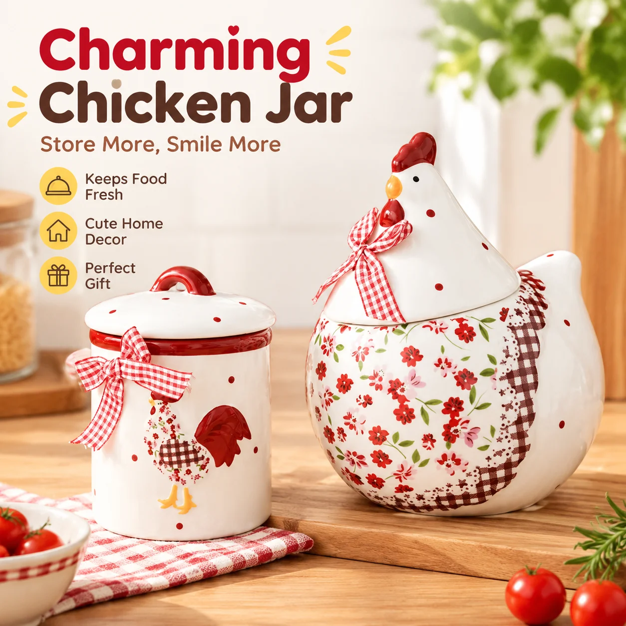 Ceramic Red Chicken Shaped Sealed Storage Jar Cute Creative Household Container