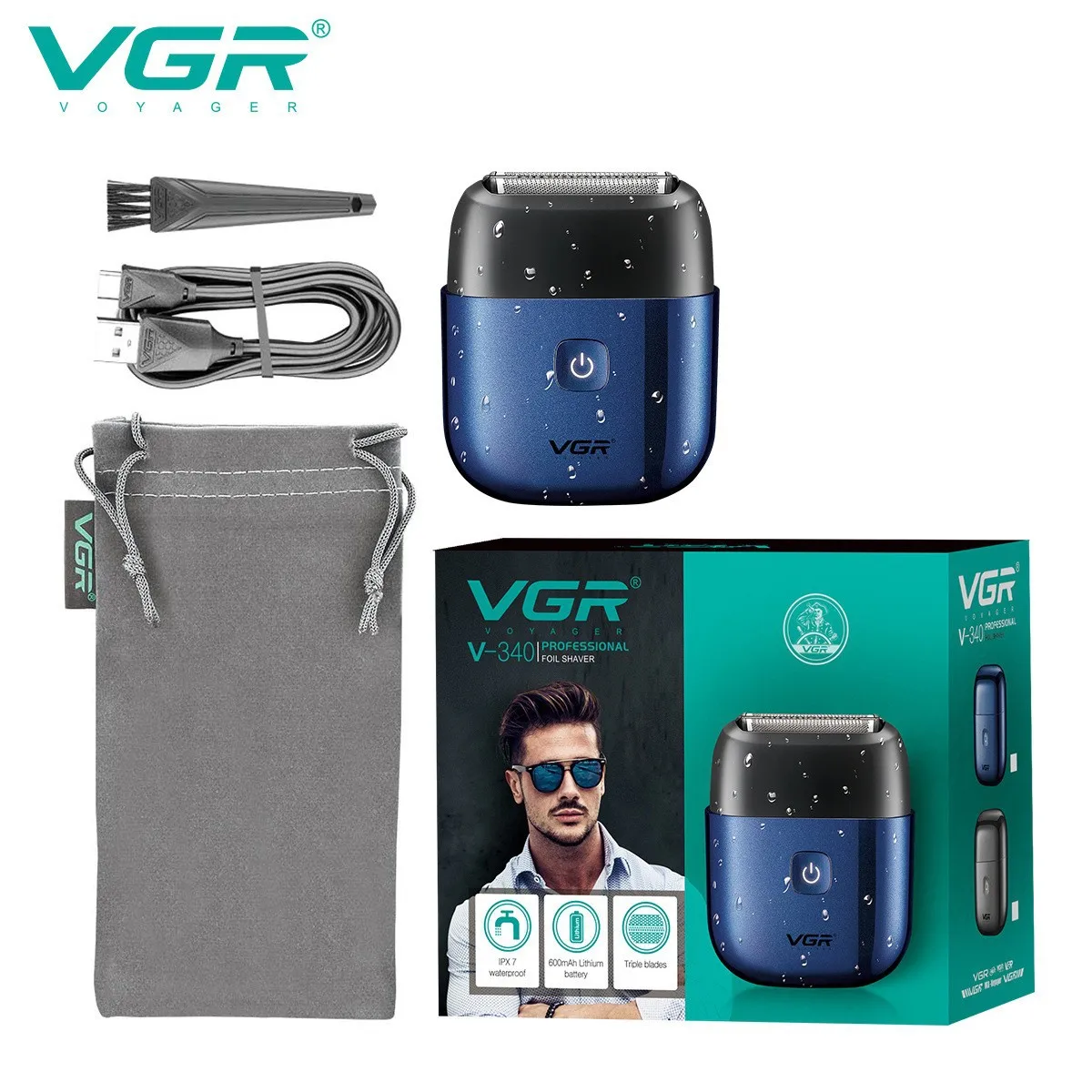 เครื่องโกนหนวดไฟฟ้าแบบมืออาชีพ vgr 340เครื่องโกนหนวดขนาดเล็กเครื่องเล็มหนวดกันน้ำ IPX7สำหรับผู้ชาย