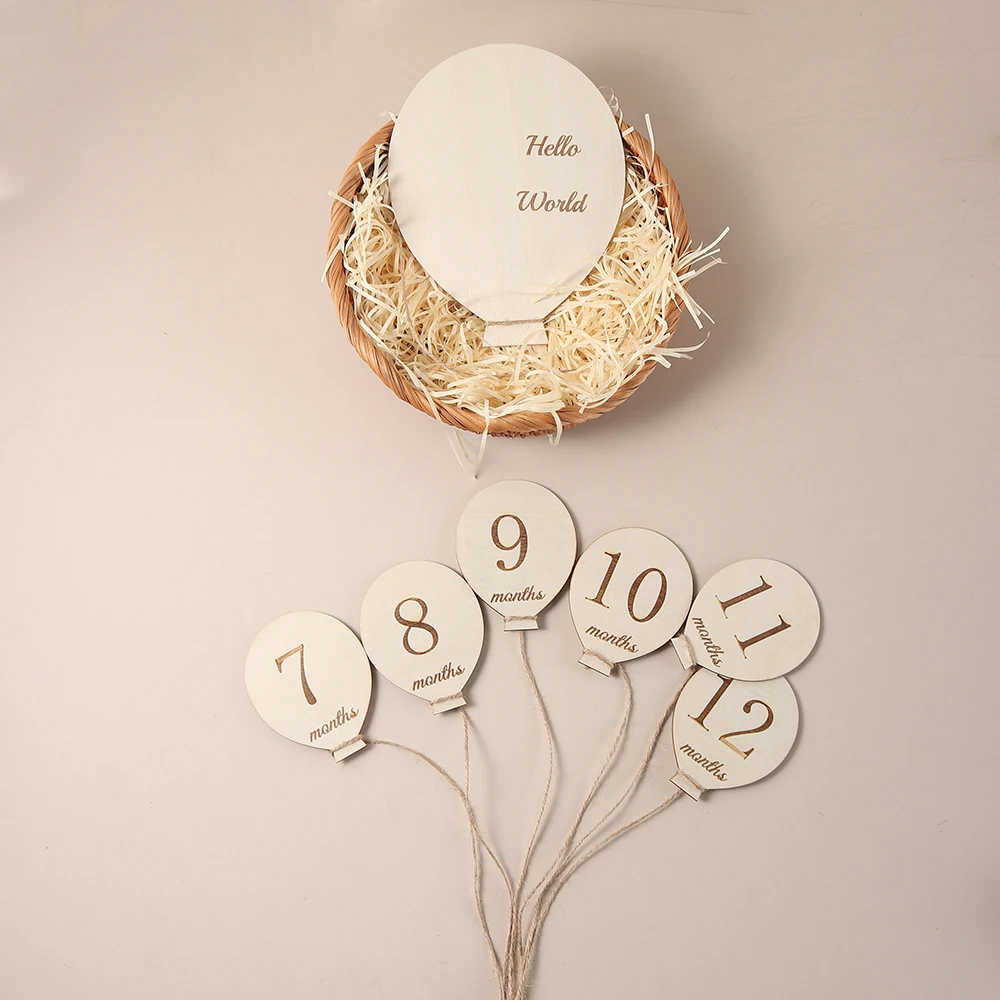 6 個木製バルーンマイルストーンマンスリーカード成長赤ちゃんの旅マイルストーン写真撮影小道具誕生日赤ちゃん両面