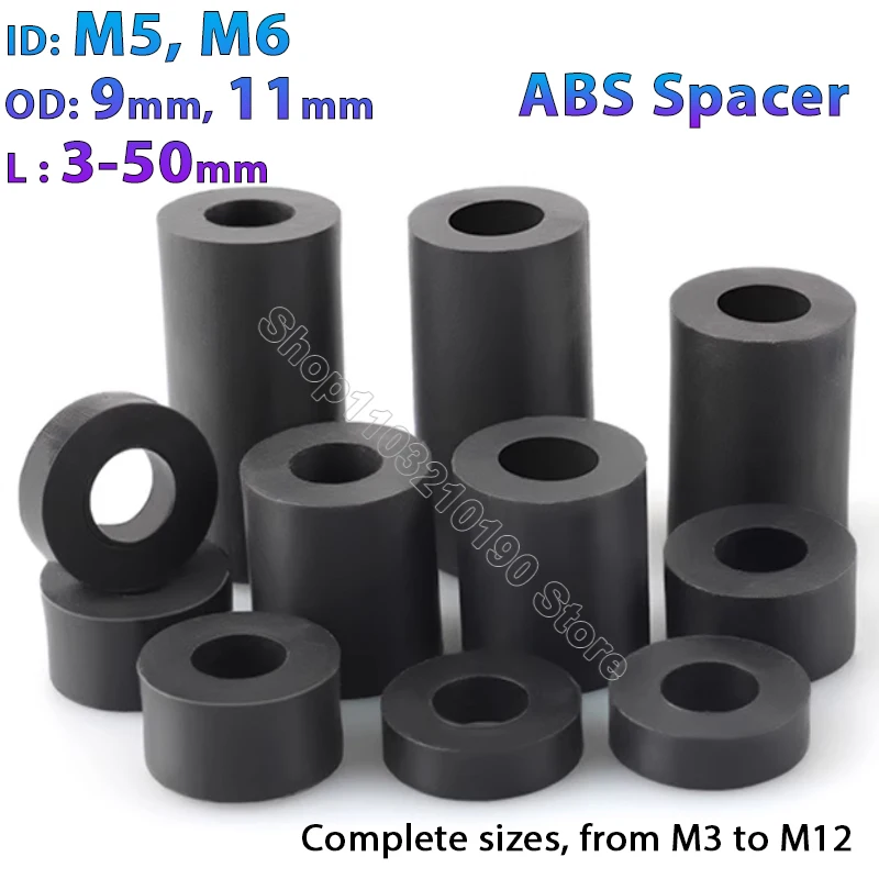 

20-200pc M5,M6 Black ABS Non-Threaded Nylon Spacer Round Hollow Standoff Washer PCB Board Screw Column Pillar OD 9 11mm,L=3-50mm