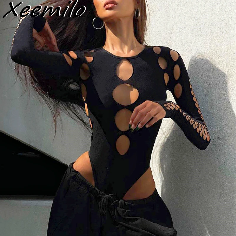 

Xeemilo Sexy Dot Hollow Out Bodysuit Y2K Gothic Punk Long Sleeves Bodycon T-shirt Women Autumn Streetwear Slim Bodice Bodysuits