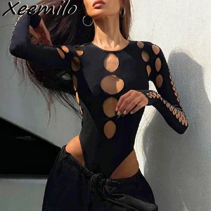 Xeemilo sexy dot hollow out bodysuit y2k Gothic punk long sleeves bodycon female t -shirt autumn streetwear bodice thin bodysuits 8 Main Sales Body Long Sleeve - №7