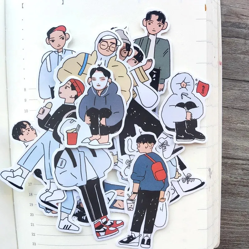 17pcs Hand Account Sticker Cute Salt Korean Boy Day Wear Diary Mobile Phone Case Stationery Box Decorative Material