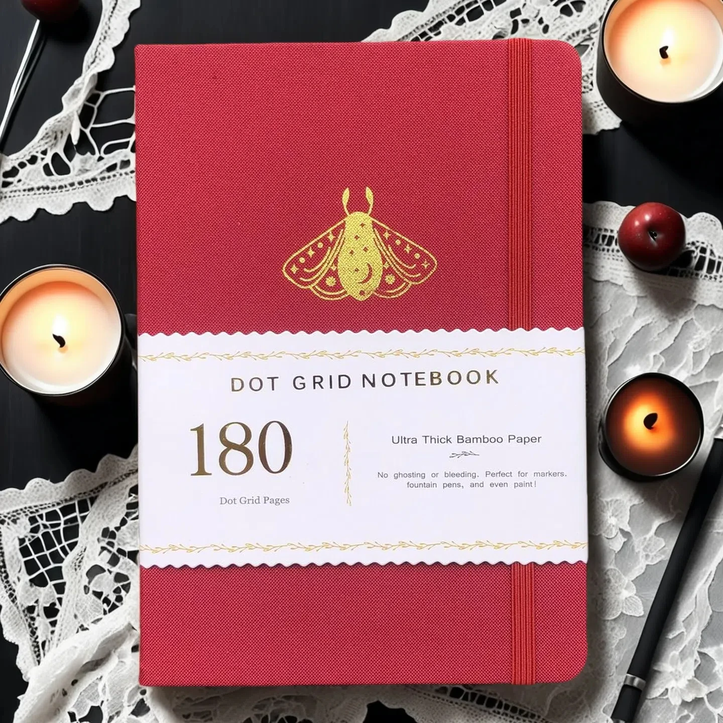 BUJO A5 Dotted Journal – Premium 180 g/m2 Bambuspapier, Notizbuch mit silbernem Rand, 160 Seiten, 3 Bänder, flaches Design