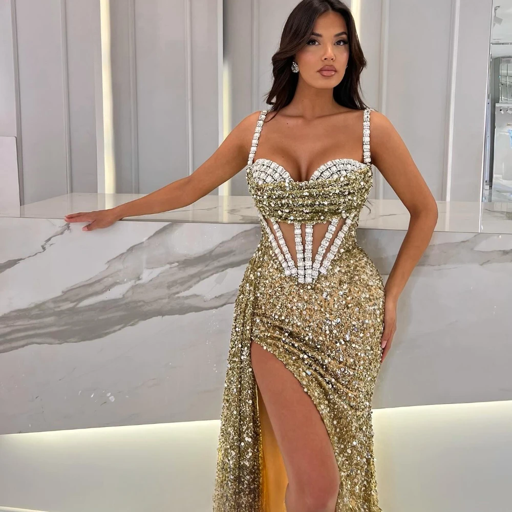 Glitter Champion Evening Dresses Womens Prom Gown with Stripper Mermaid Bead A-line Sleeveless Floor Length Party Dresses