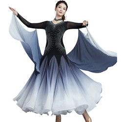 Black Ballroom Dance Dress Standard V-neck Dance Competition Costume Red Gradient Rhinestone Stage Performance Costume Streamer