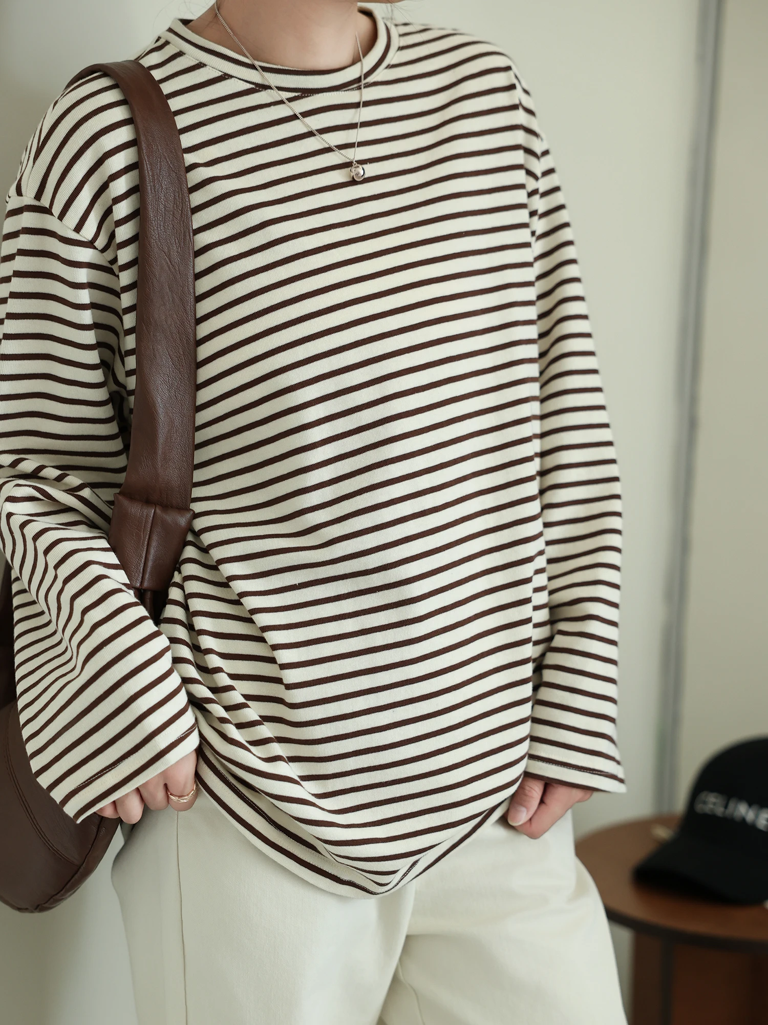 Loose Long Sleeve round Neck Striped T-Shirt Vintage Early Autumn Casual Laid-back Style Color Block Slimming Effect