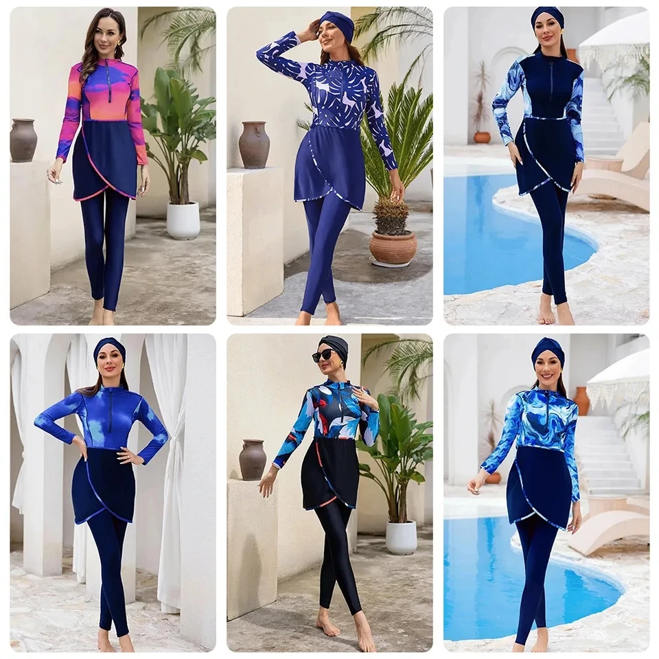 

2026 New Women Long Sleeve Swimsuit Three Piece Set Long Pants Swim Cap Professional Swimming Suit