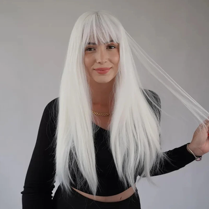 Pearl White Wig Cosplay Wig Silver Lace Front Wig with Bangs Futura Synthetic Fibre Silky Smooth Straight Wig Blend Human Hair