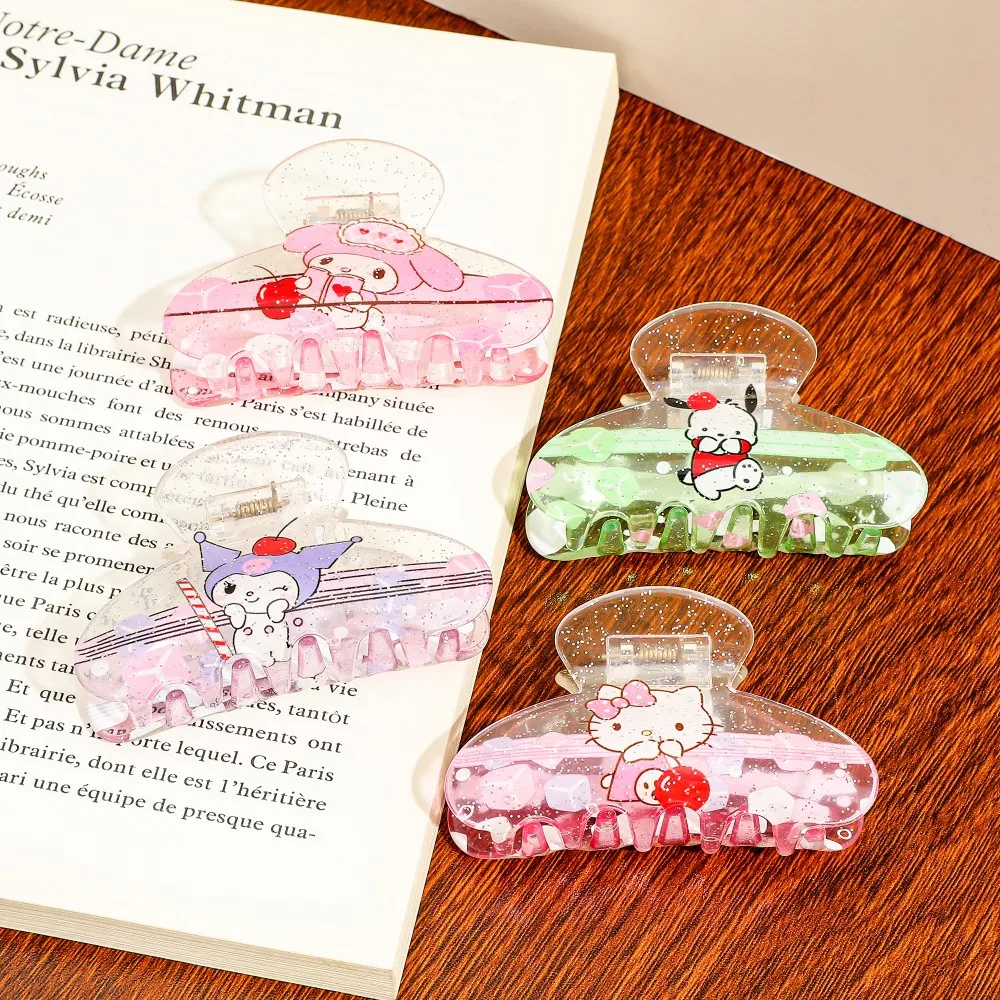 مشابك شعر لامعة شفافة تتميز بمي ميلودي وردي، كورومي أرجواني، بوشاكو أخضر، وشخصيات كرتونية هالو كيتي الوردية