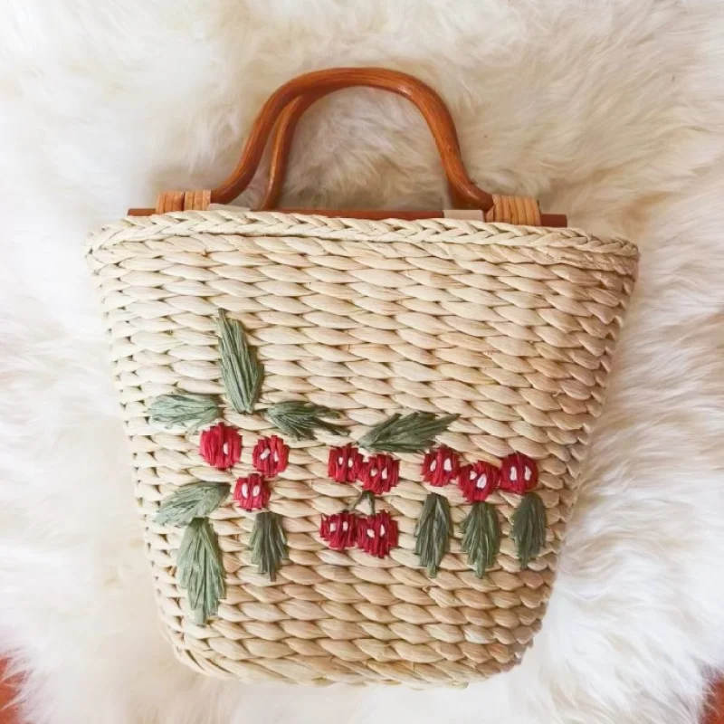 Women Tote Bucket Straw Bag Vintage Embroidered Cornhusk Woven Beach Bag Women\'s Handbags