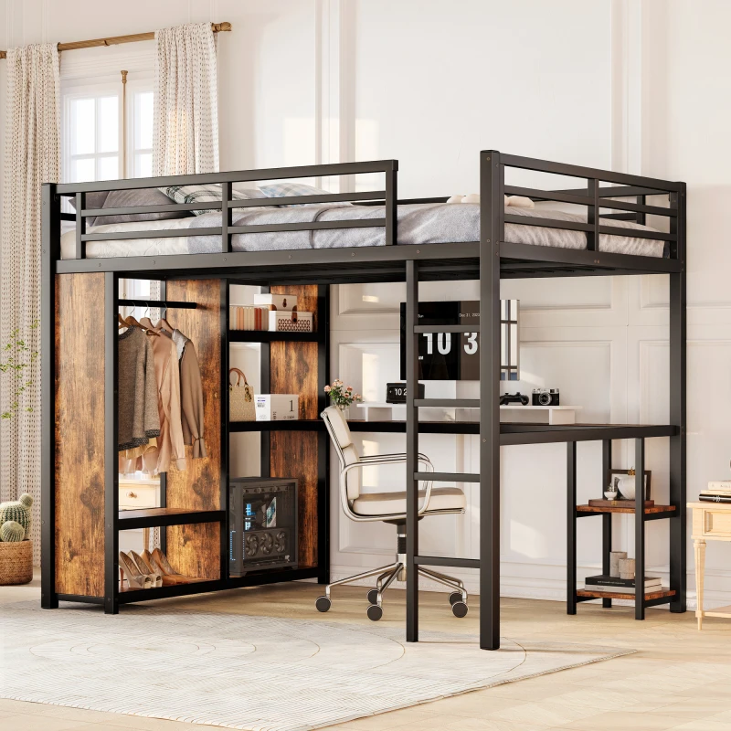 

Queen Size Loft Bed Frame with Built-in Wardrobe, Metal Loft Bed with Desk and Storage Shelves, Woodgrain