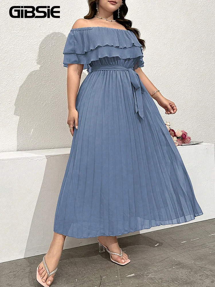 

GIBSIE Plus Size Solid Off Shoulder Ruffle Dress Women Summer 2026 Vacation Style Elegant High Waist Belted Pleated Long Dresses