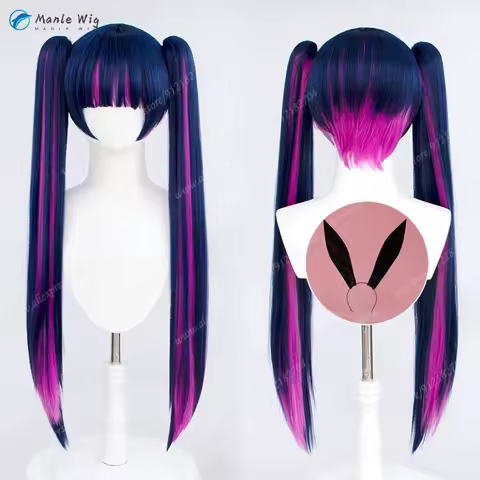 Anime Stocking Anarchy Cosplay Wig 90CM Dark Blue Rose Red Mixed Ponytail Clip Wigs Stocking Bunny Girl Role Play Wigs + Wig Cap