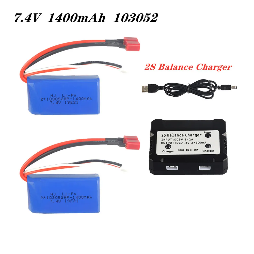 2pcs 7.4V 1400mAh 103052 Lipo Battery + Balance Charger Set For Wltoys V353 959-B A969-B A979-B K929-B RC Truck Car Spare Parts