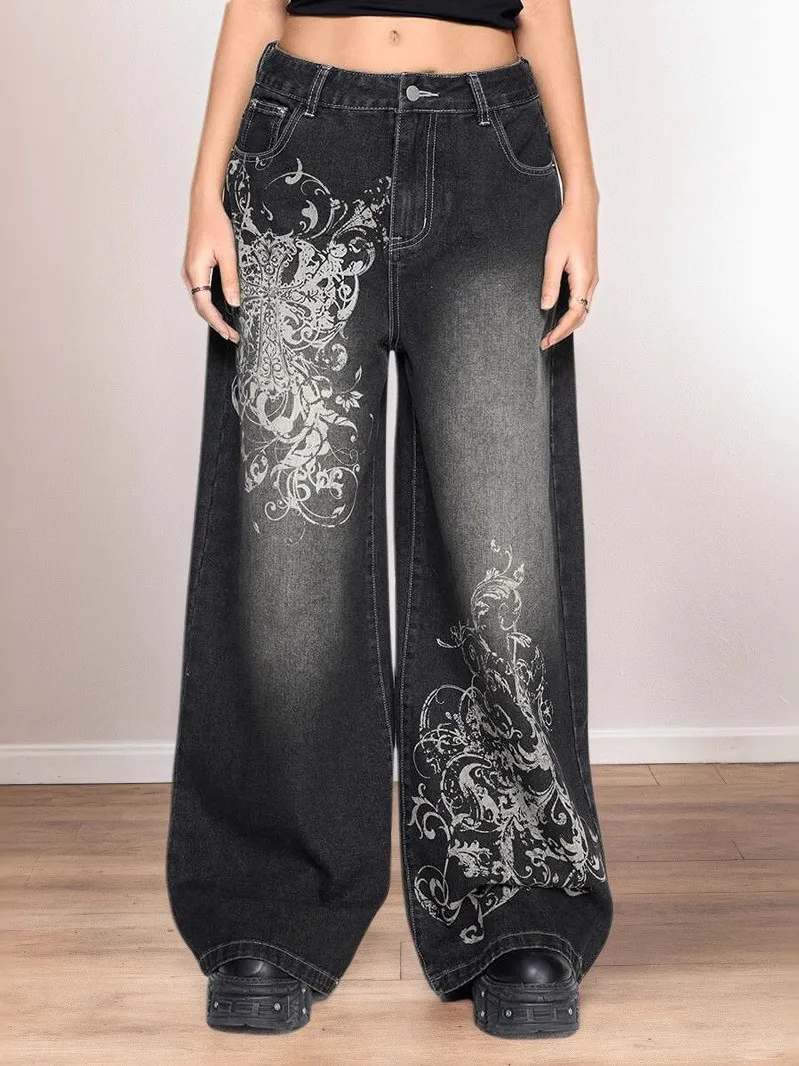 

Faionable Loose Casual Wide Leg Pants Women's Low Waist Printed Hip Hop Sle plus Size Bla Denim Trousers