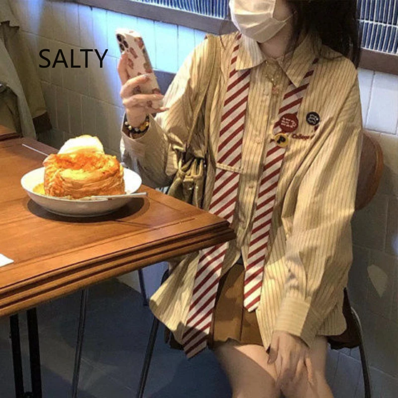 

Новинка 2025 года, полосатая рубашка, женская осенняя рубашка с длинным рукавом в консервативном стиле, свободная винтажная рубашка, студенческая милая милая рубашка с галстуком, женские топы