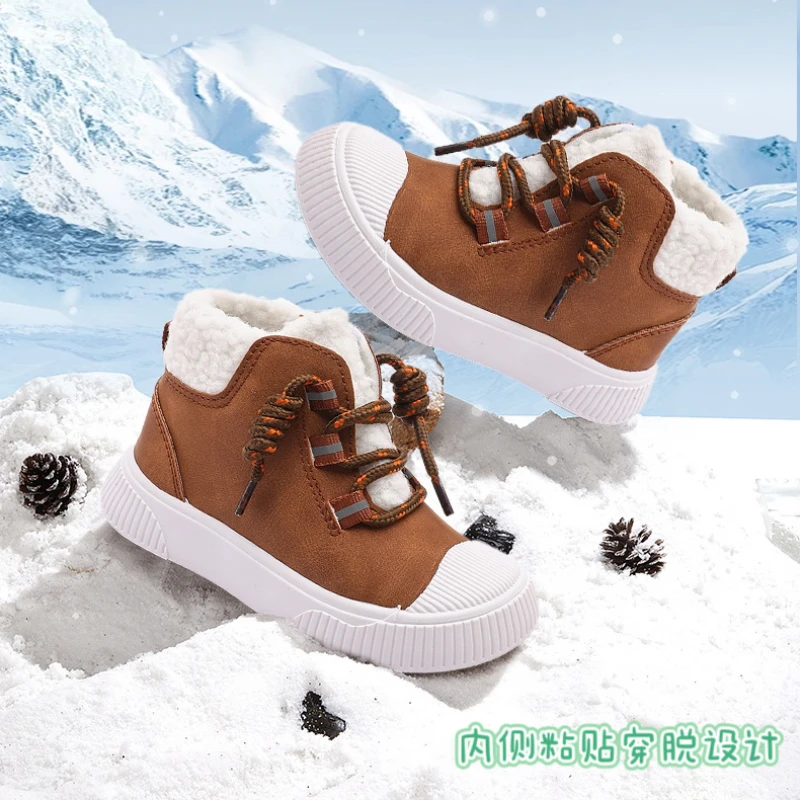 Kids Winter Fur Lined Boots 2026 New Suede Upper Warm Lace Up Non Slip Casual Sneakers For Boys Girls Cold Weather Fashion