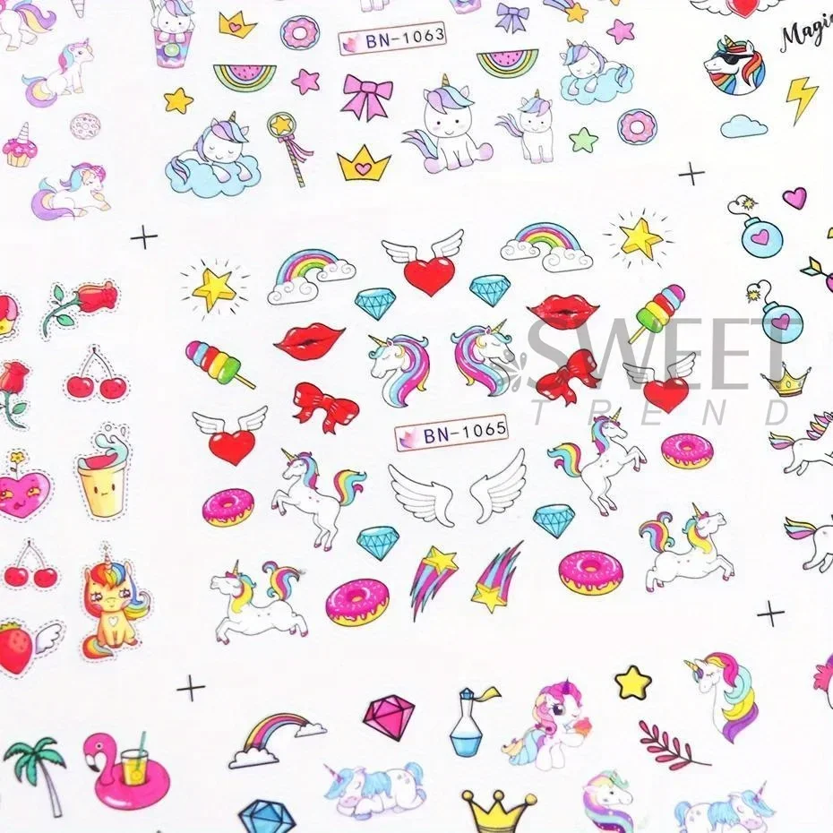 12 stuks Eenhoorn Nagel Water Stickers Roze Paard Zoete Liefde Ijs Donut Transfer Sliders Regenboog Dopamine Ontwerp Manicure Folie