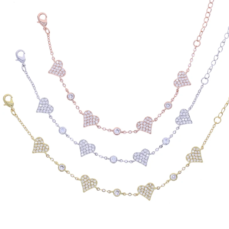 Cute Lovely CZ Station Link Chain Jewelry 3 Color Sparking 5A Cubic Zirconia Heart Charm Bracelet