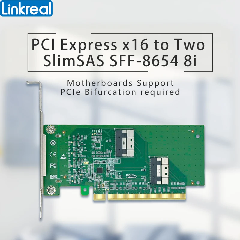 Linkreal PCI Express x16 to Two SlimSAS SFF-8654 8i Adapter-LRNV9F14