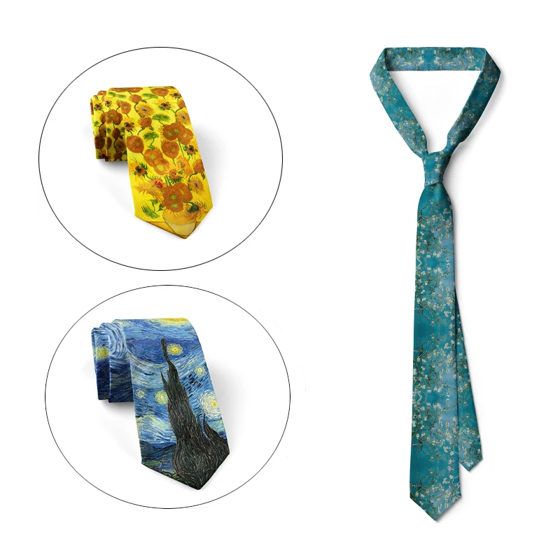 New 3d printed oil painting tie men's fun fashion business tie wedding party shirt accessories Van Gogh starry sunflower