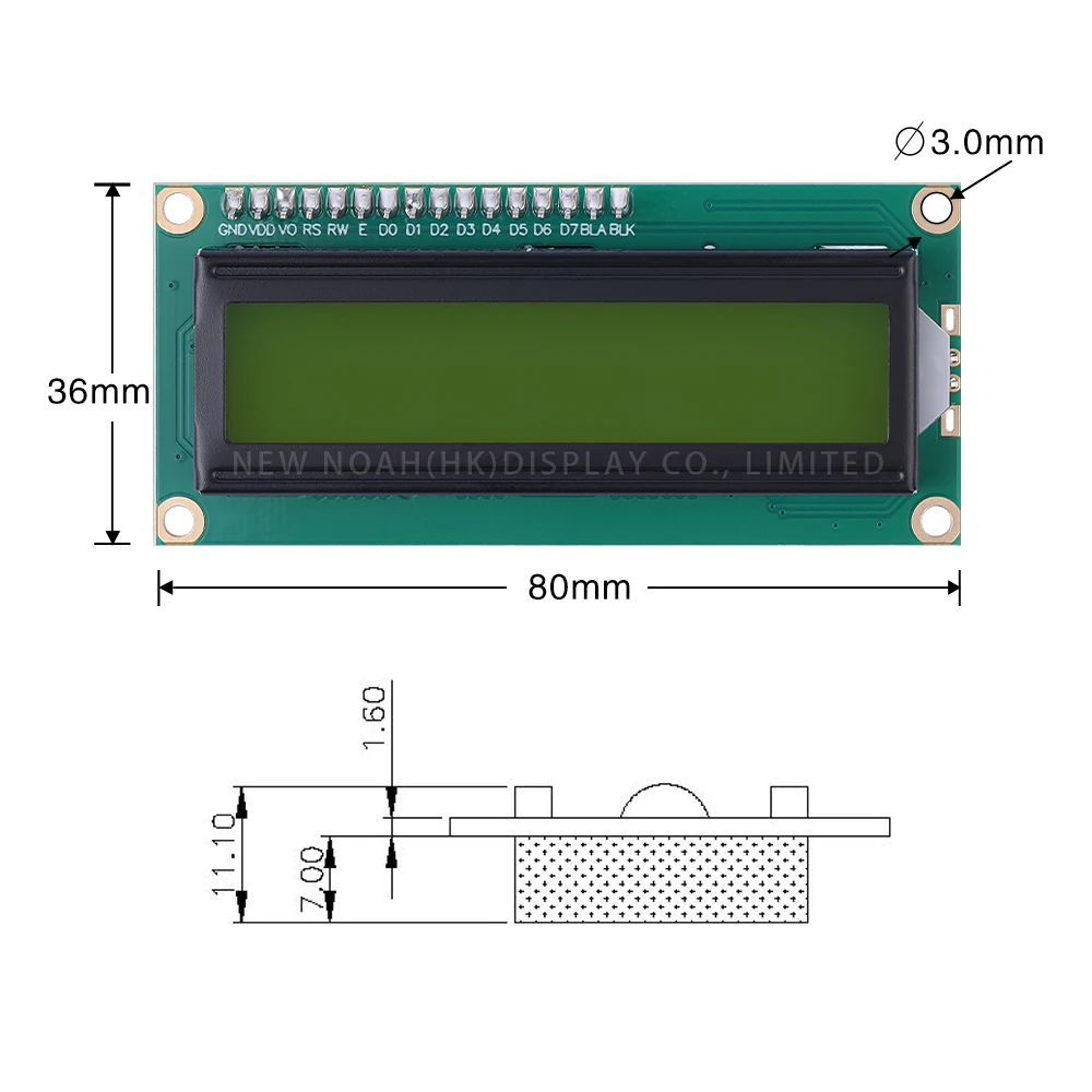 บอร์ดอะแดปเตอร์1602A ฟิล์มสีเหลืองสีเขียว5V 1602 LCD ขนาด80*36*11มม. โมดูลแสดงผล ST7066U โมดูล LCD ตัวละคร