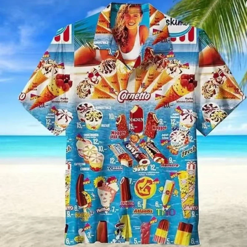 Trendige, coole Mode-Eiscreme-Shirts 2024, Strandparty, 3D-Print, Hawaii-Hemd, Unisex, Kurzarm, Oversize-Bluse, Revershemd