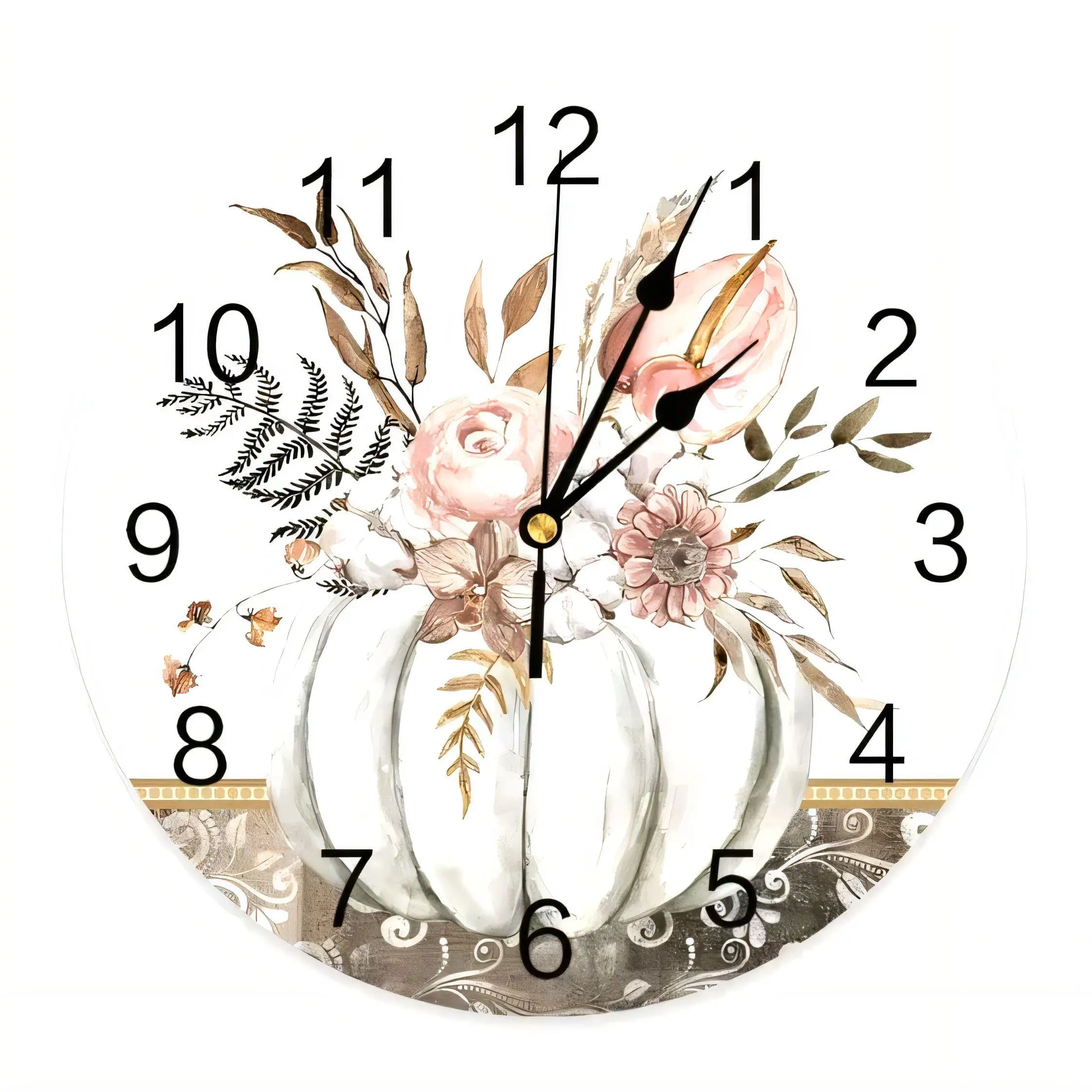 Vintage Autumn Pumpkin Wall Clock , Silent Non Ticking Battery Operated, Rustic Botanical Floral Decor for Home Kitchen