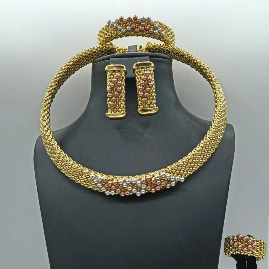Simple Elegant Dubai ewelry Set with Three Tone Beads Beautiful Necklace Bracelet Earrings Ring 4PC Jewellery for Wedding Party