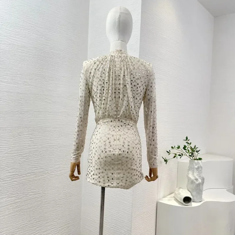 Women\'s Half High Collar Pleat Diamonds Pressed Slim Mini Dress Milky White Long Sleeve Summer New Arrival 2024