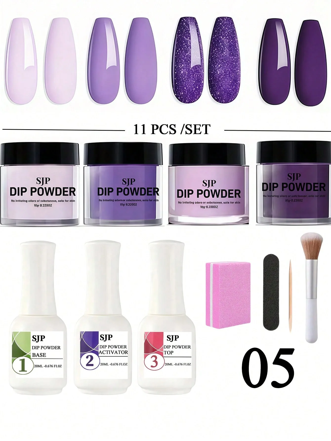 11 pçs kit de pó de imersão para unhas, preto verde azul roxo 4 cores kit de pó de imersão para iniciantes com pó de imersão