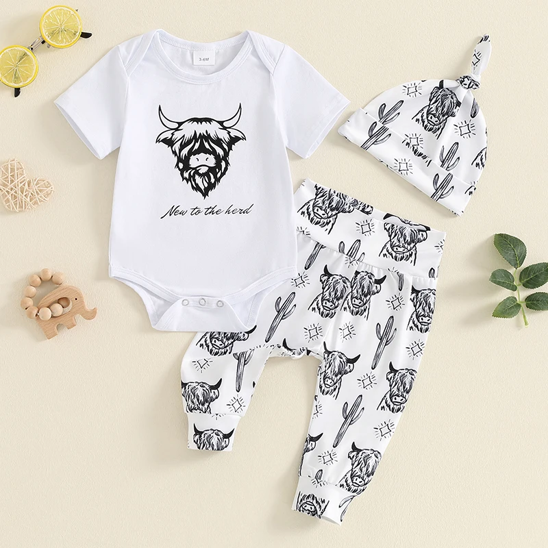 Baby Boy Summer Western Outfit Cow Head Print Short Sleeves Romper and Elastic Pants Beanies Hat Set 3 Piece Clothes