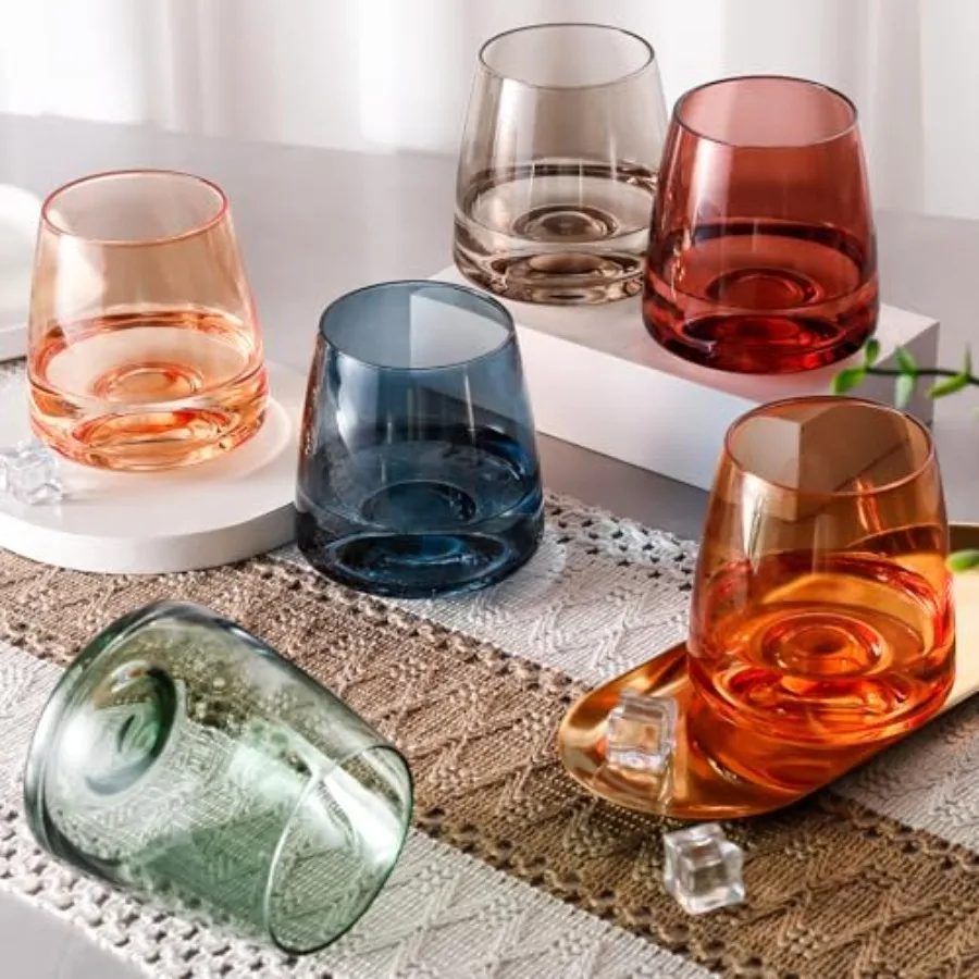 

Steml Wine Glasses Set of 6 - Hand Blown Colored Short Wine Tumblers Colorful Lead-Free Non-Fading Party Steml Wine Glasses Set