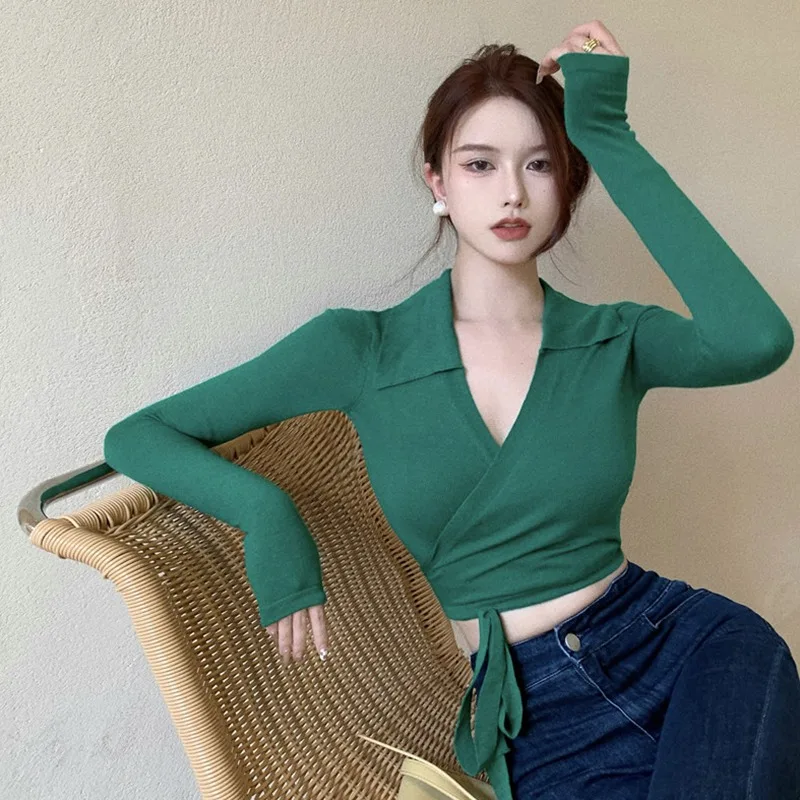 

Solid Color Pullovers Slim Sexy Bandage V Neck Women's Sweater Knitted Long Sleeves Tops