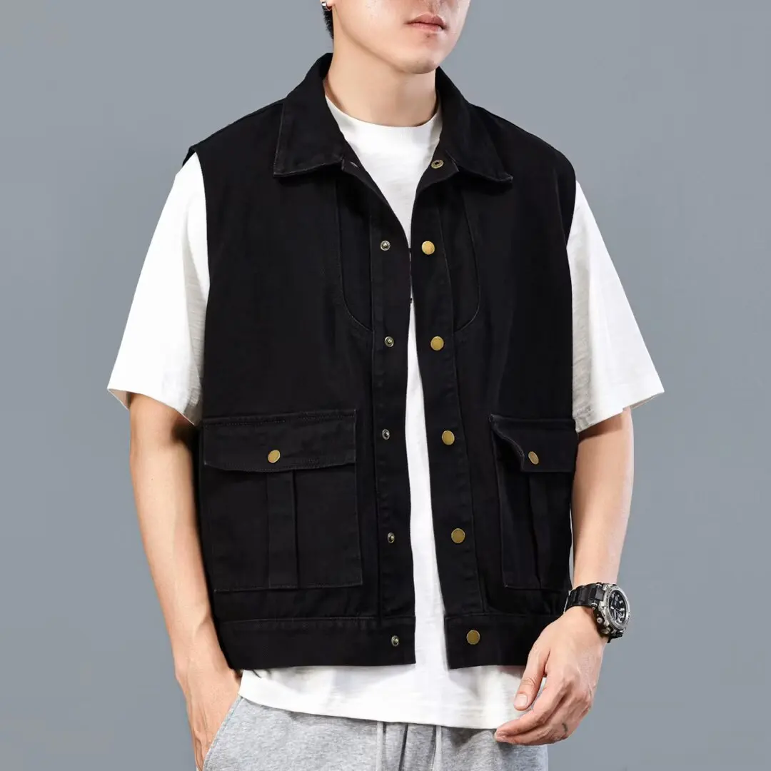 

American Retro Denim Vest Men's Trendy Brand Spring New Loose Large Size oulder Pad Svel Tank Top Workwear Jaet