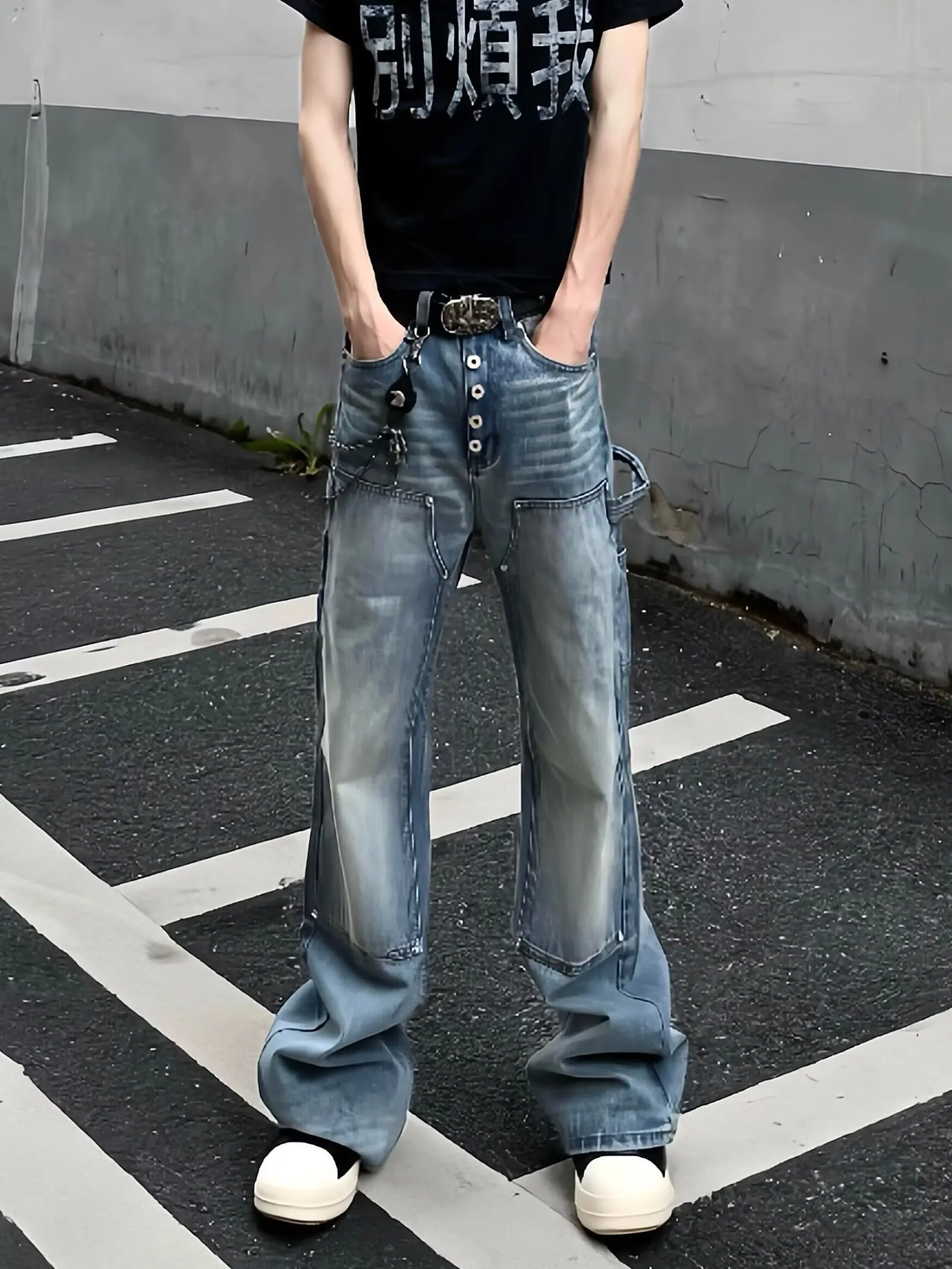 Retro American Vibe High Street Tough Looking Washed out Knee Work Trousers Men Women Straight Leg Bell Bottoms Trendy Jeans