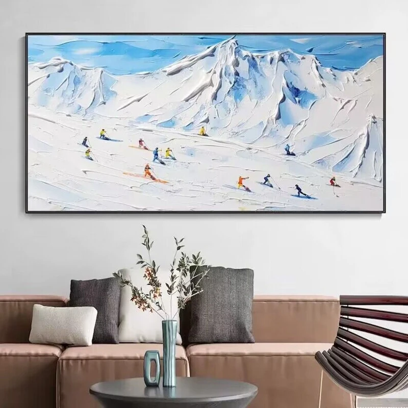 Nordic Modern Abstraction Snowy Mountain Skiing Pure Hand Drawn Oil Painting Lnterior Decoration Bedroom Dining Room Living Room