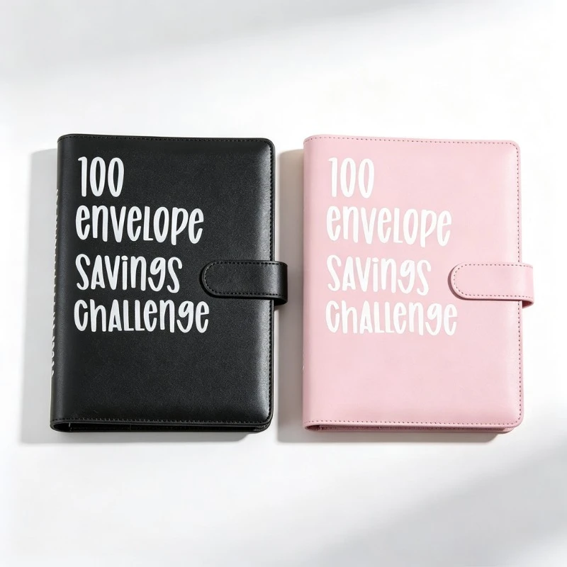 100 Envelope Savings Challenge Binder, Leather Money‑Saving Challenge Notebook with Cash Envelope Slots, Portable Budget Planner Book for Household Budgeting, Money Saving, Financial‑Management, 2‑Colors Available