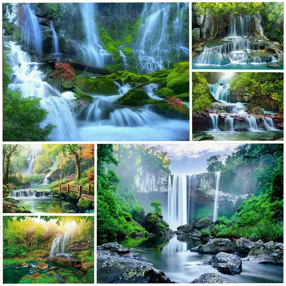 

Waterfall Landscape Nature Scenery Backdrop Decoration Green Forest Mountain Flower River Background Supplies Photography Props