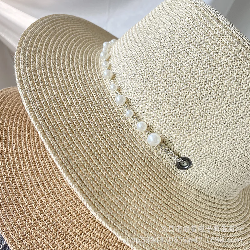الفرنسية خمر اللؤلؤ سلسلة القش قارب قبعة المرأة الصيف واسعة حافة الأشعة فوق البنفسجية حماية أنيقة الشمس قناع قابل للتعديل