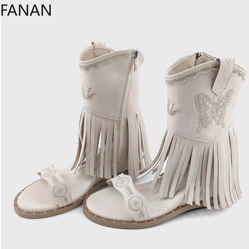 

Original Fringed Rivet Open-toed Sandals Boots Women's Shoes 2025 Summer Butterfly Embroidered Retro Flats Platform Short Boots
