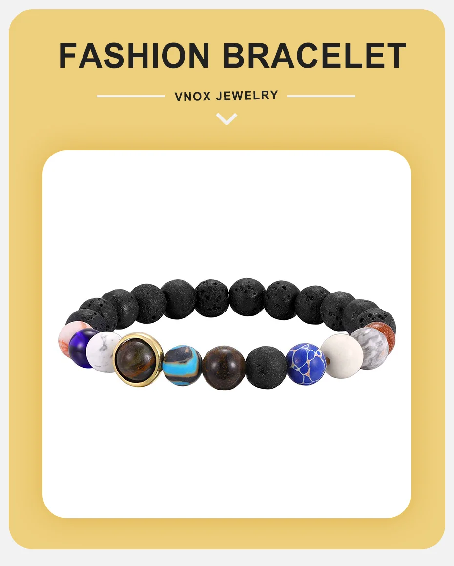 Vnox Naturstein-Perlenarmband für Männer und Frauen, elastisch, 18 cm Länge, 6–9 mm Breite, Perlen, Charm, Modeschmuck, Geschenk, Armband, neu – Detail 1