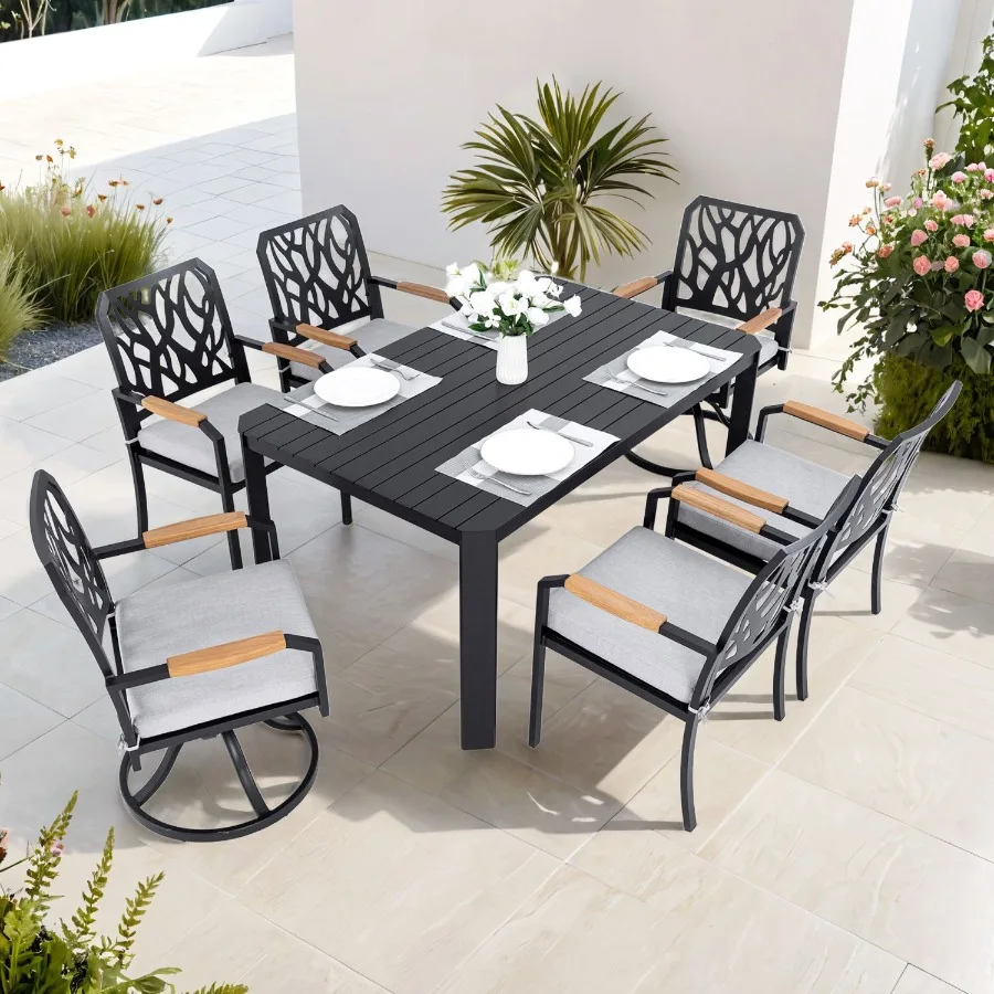 

7PCs Outdoor Patio Aluminum Furniture Set with 4 Dining Chairs 2 Swivel Rockers Sunbrella Fabric Cushioned NatureInspired Branc