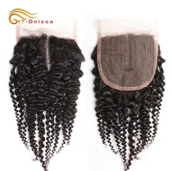 Htonicca Lace Closure Human Hair Brazilian Curly 4x1 T Part Lace Closure With Baby Hair Natural Color Middle Part Curly Closures