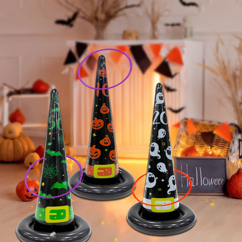 1 ensemble de chapeaux de sorcière gonflables, jeu de lancer d'anneaux, ensemble de jouets, accessoire de jeu de lancer de fête d'halloween, décoration de fête