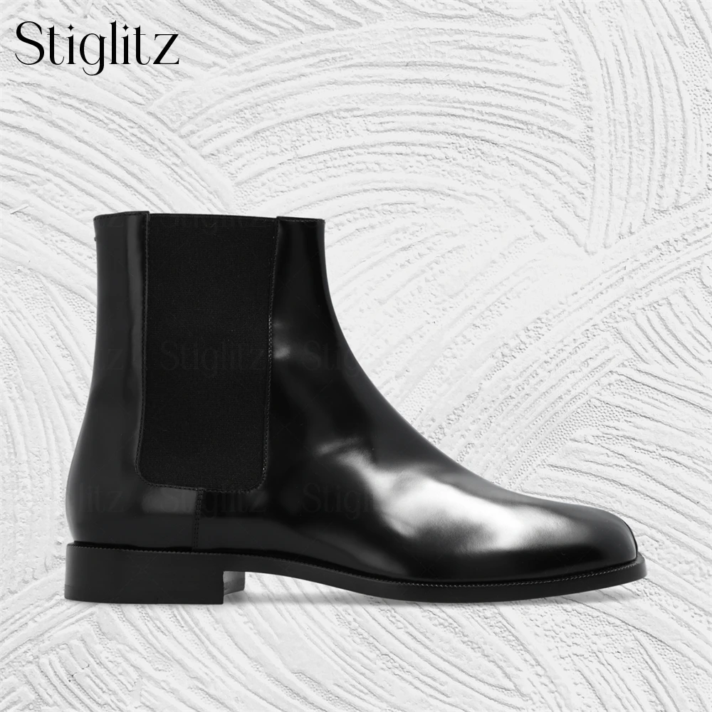 Tabi Toe Patent Leather Chelsea Boots Elastic Side Panels Spite Toe Ankle Boots Customizable Color Square Toe Stretch Men Boots